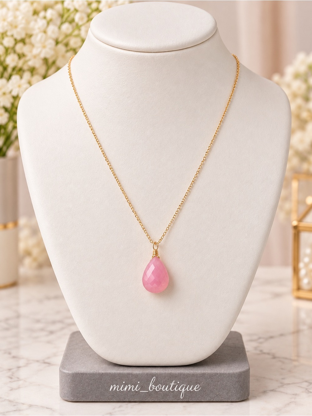 Pink Faceted Agate Pendant Necklace Gold Tone 16”
